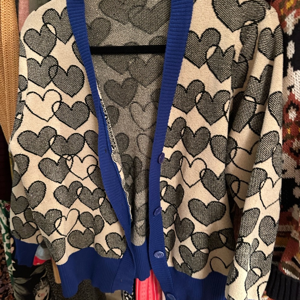 Love Heart Pattern knit Cardigan with Blue Trim